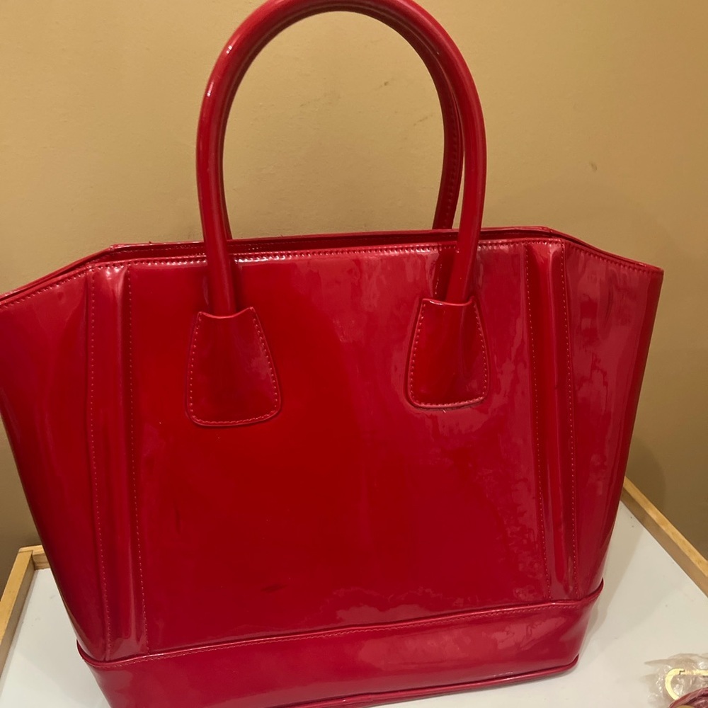Jeanne Lottie Red Patent Tote Bag Glossy Handbag Top Handle Structured Satchel - Picture 7 of 9